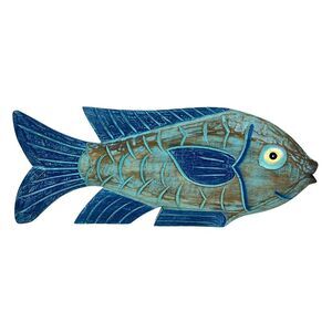 Hand Carved Blue Wooden Fish Statue 19" Nautical Coastal Decor Wood Accent